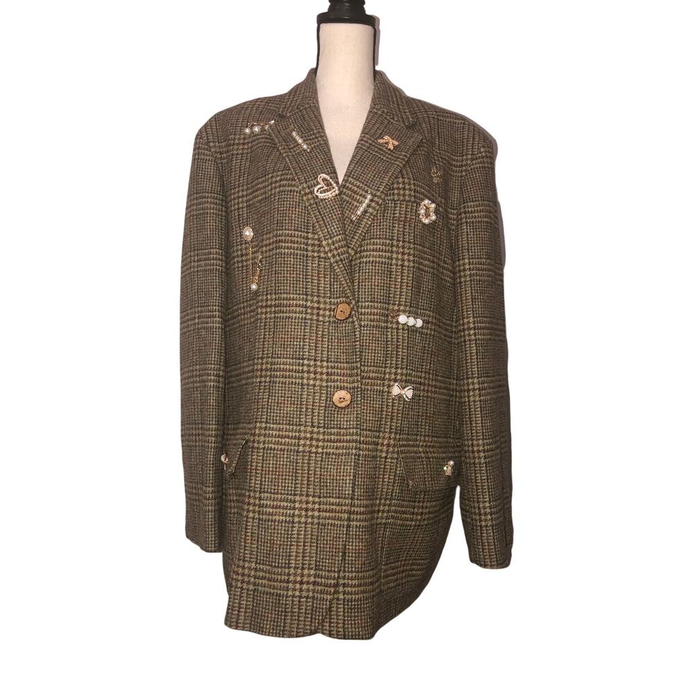 Vintage Ralph Lauren Wool Tweed Blazer Size 22W Brooch Cluster Plaid Green Tan
